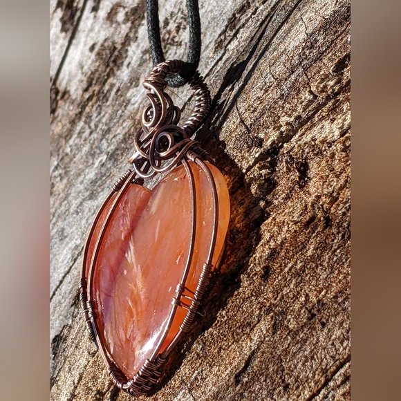 Hand Crafted Carnelian Heart Pendant Statement Necklace Copper Wire Wrap - Picture 8 of 14